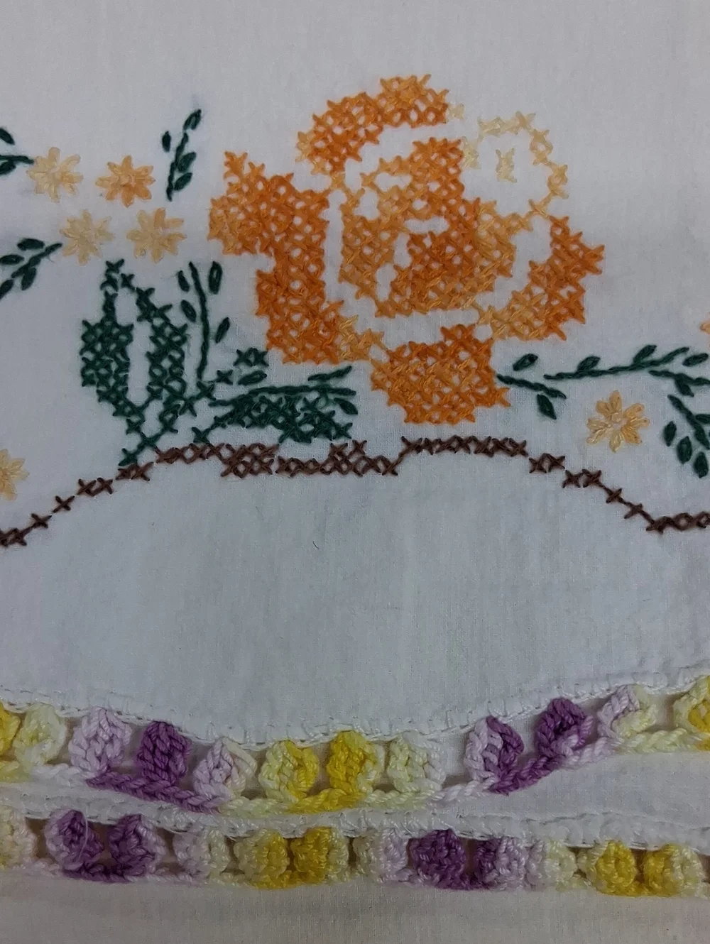 Vintage cross stitched floral Pillowcases with‎ lavendar & yellow Crocheted Lace